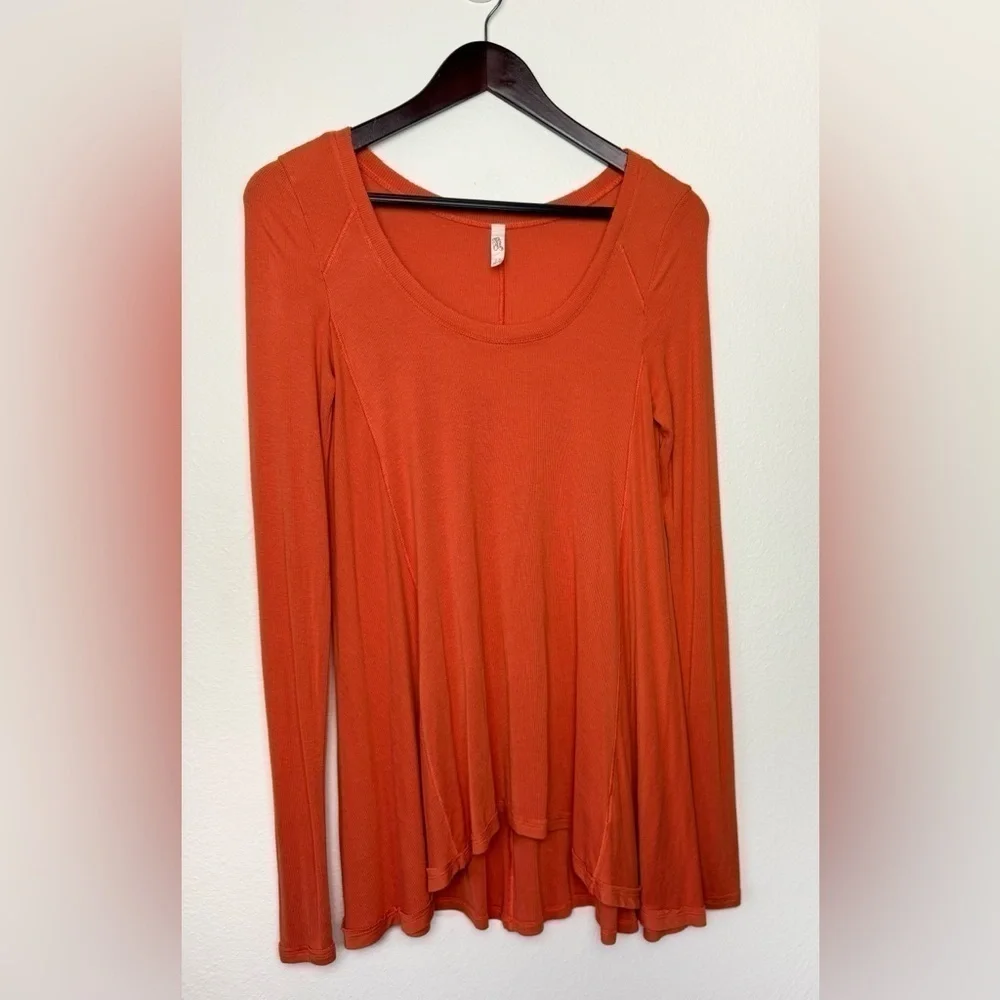 Free People Orange Long Sleeve Scoop Neck Tunic Top Small Boho Casual Fall Basic